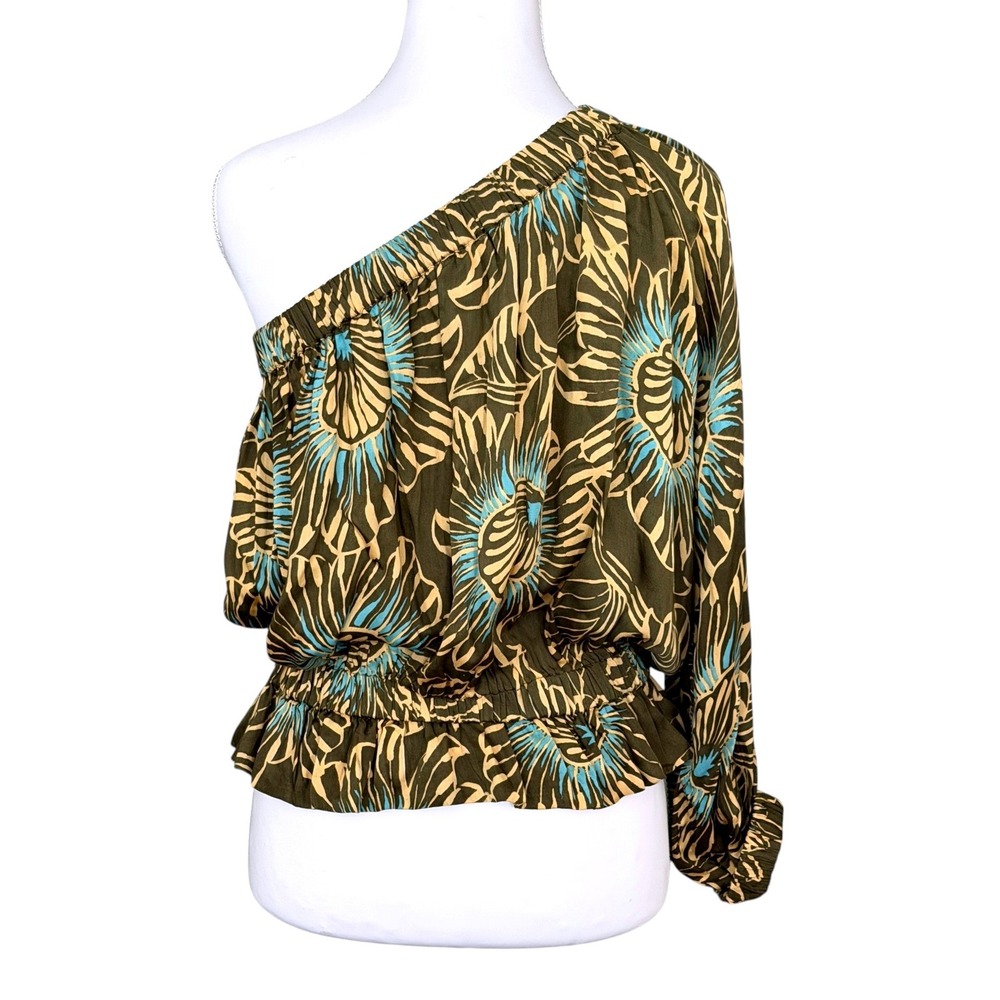 Omika Anthropologie One Shoulder Peplum Blouse M Green Floral Resortwear Luxury - Picture 2 of 7